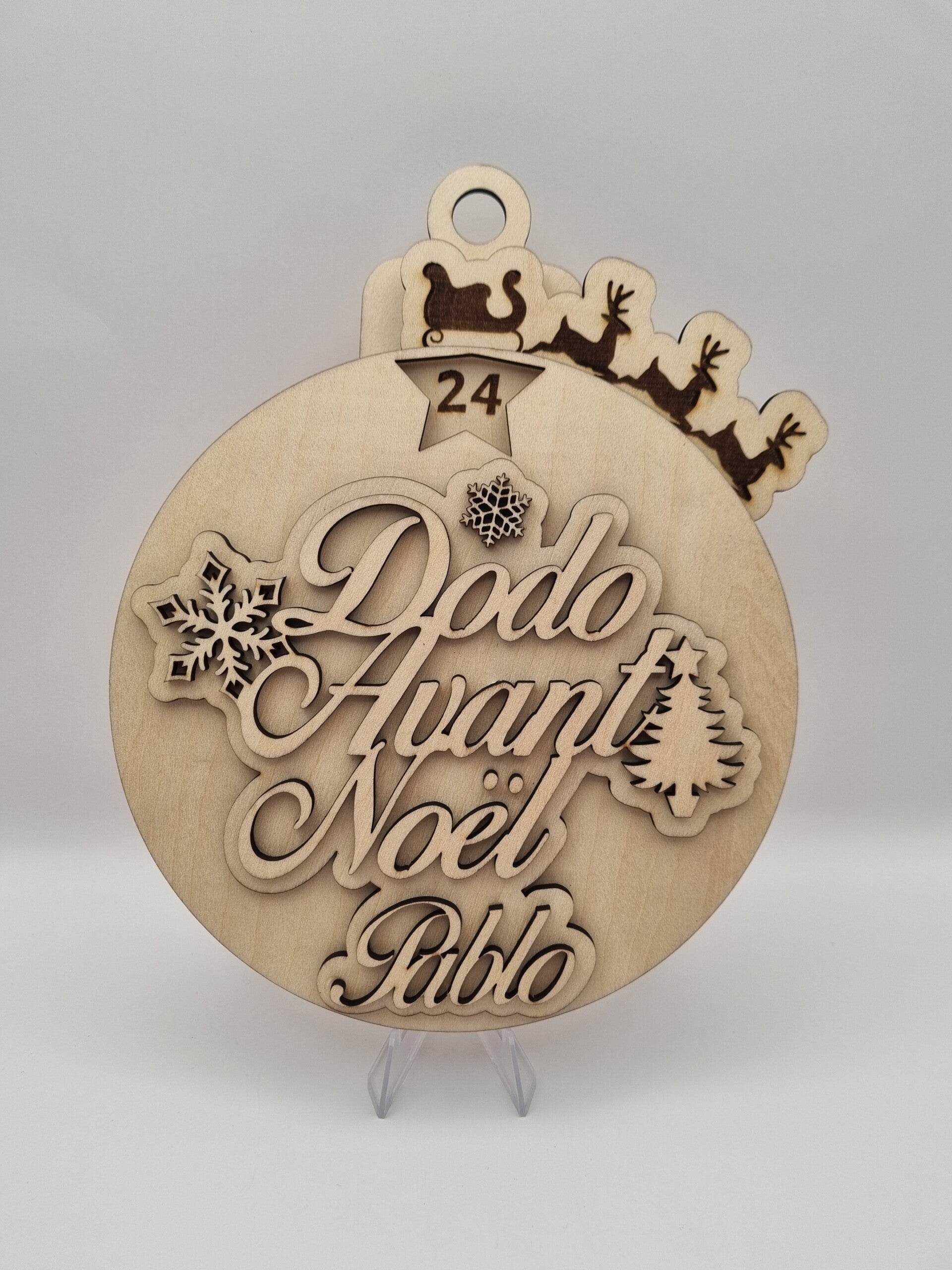 🎄 Compte à rebours du Père Noël – En bois, forme boule de Noël – 15 cm 🎅