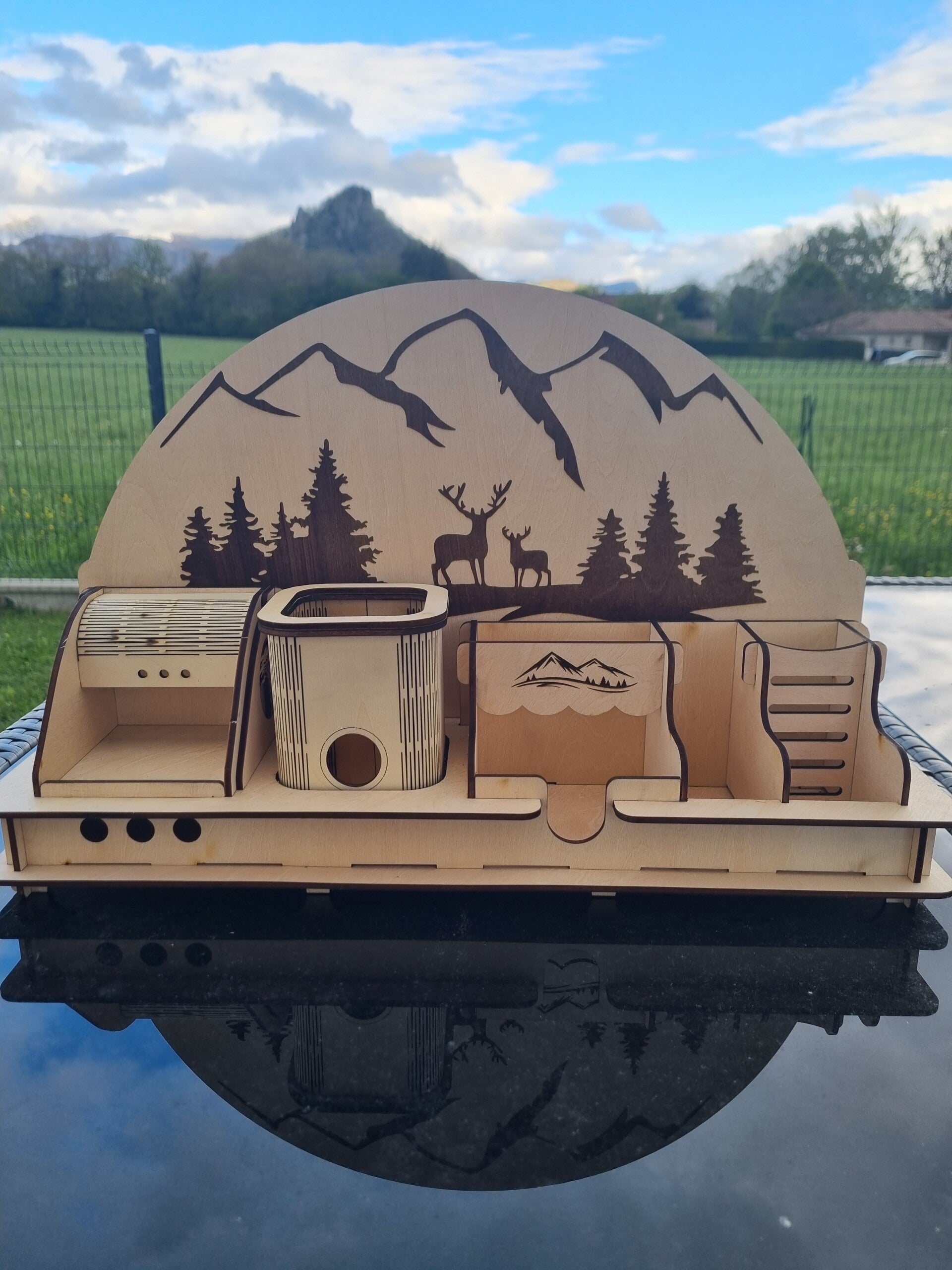 Organiseur de Bureau en Bois – Thème Montagne