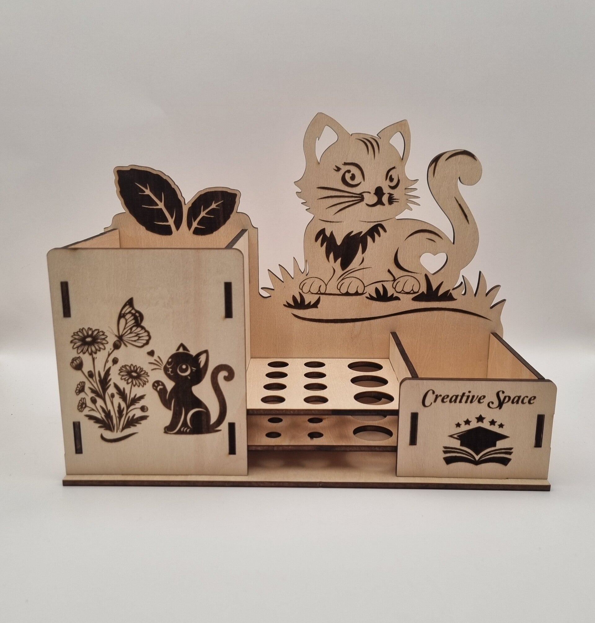 Organiseur de Bureau en Bois – Thème Félin