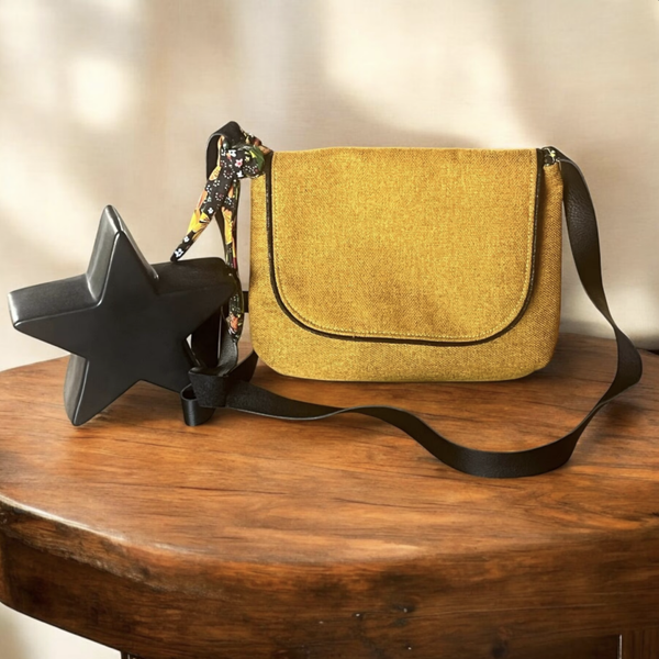 Sac besace en velours jaune & anses en cuir