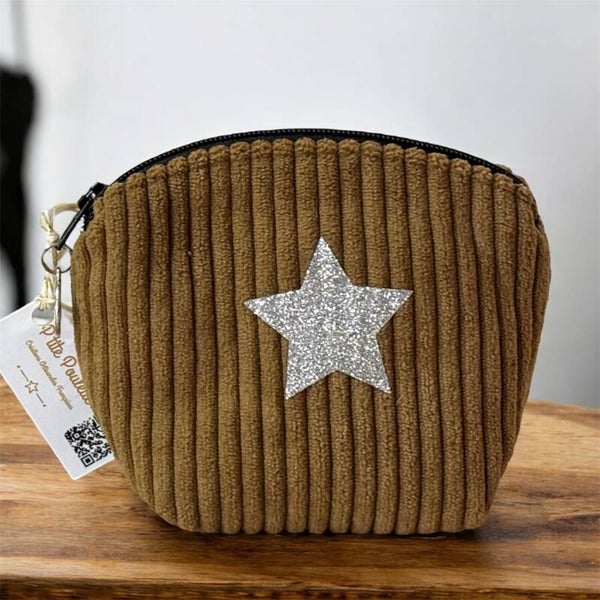 Porte monnaie en velours côtelé tabac "P'tite Poulette"- Création artisanale française