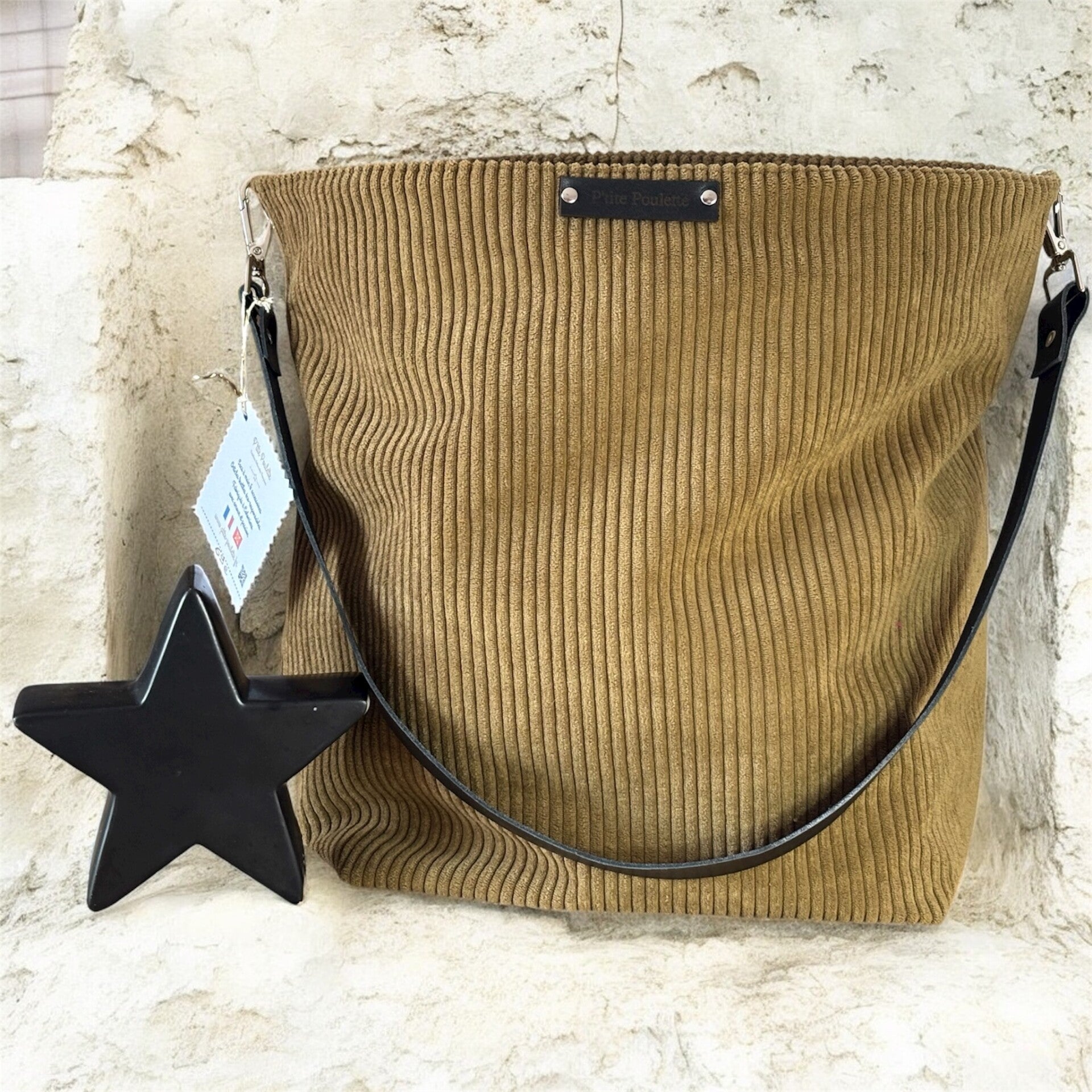 Sac cabas "P'tite Poulette Collection" en velours côtelé tabac- -Création artisanale française