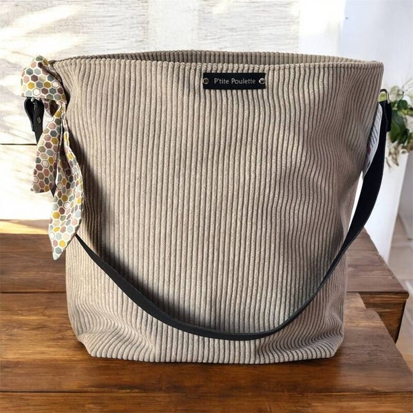 Sac Cabas “"P'tite poulette Collection" ” en Velours Côtelé Écru – Création Artisanale Française