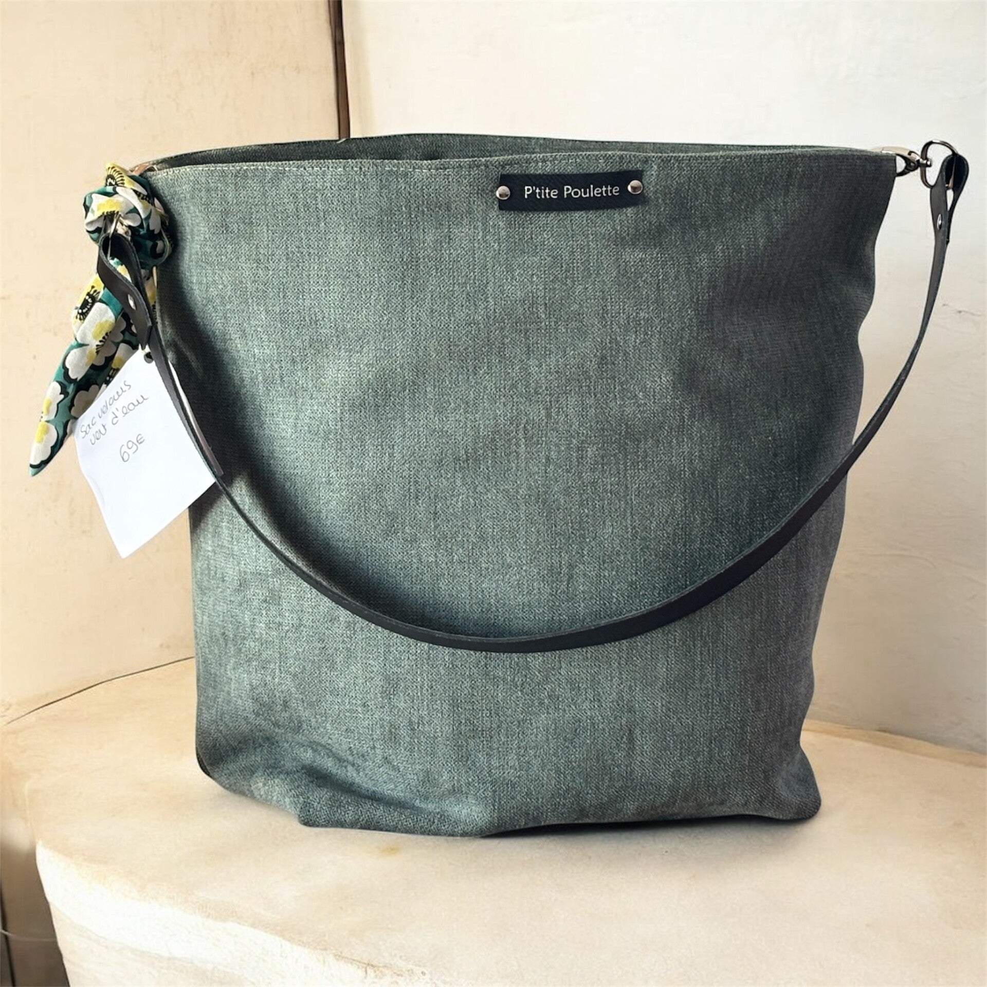 Sac Cabas “P'tite Poulette Collection” –  Velours  Vert d'eau et Anse en Cuir Véritable – Création Artisanale Française