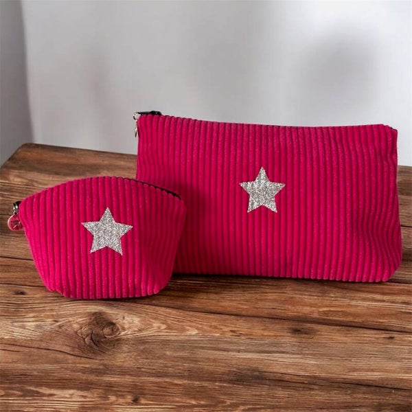 Kit Trousse et Porte-Monnaie en Velours Côtelé rose vif avec Étoile Scintillante – Création Artisanale Française