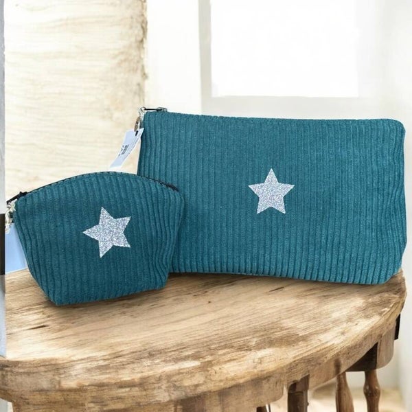 Kit Trousse et Porte-Monnaie en Velours côtelé bleu canard avec Étoile Scintillante – Création Artisanale Française