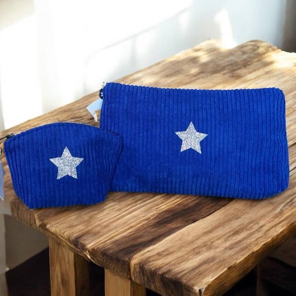 Kit Trousse et Porte-Monnaie en Velours côtelé bleu roi avec Étoile Scintillante – Création Artisanale Française