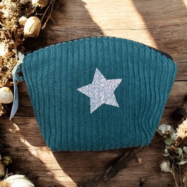 Porte monnaie en velours côtelé bleu canard "P'tite Poulette"- Création artisanale française