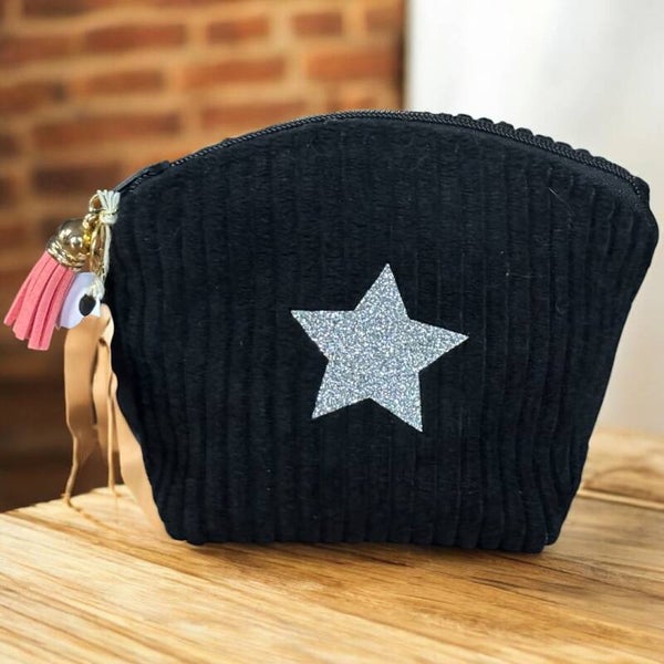 Porte monnaie en velours côtelé noir "P'tite Poulette"- Création artisanale française