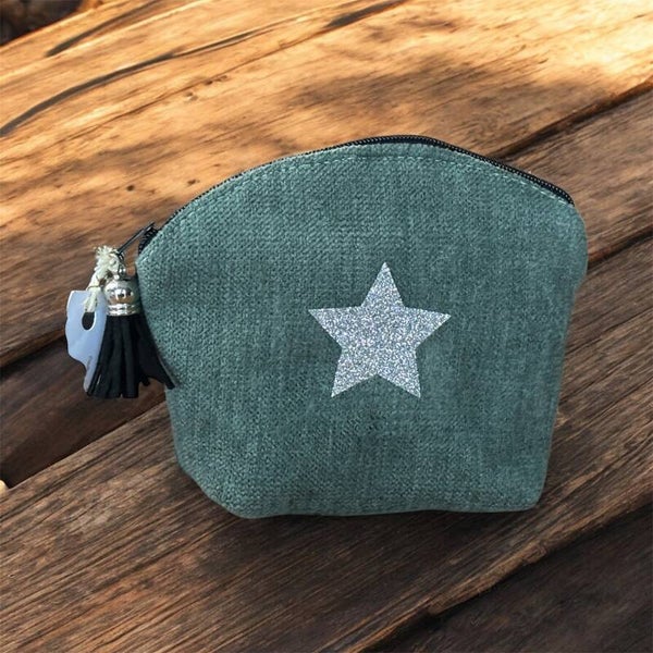 Porte monnaie en velours vert d'eau "P'tite Poulette"- Création artisanale française