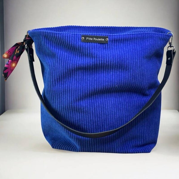 Sac Cabas "P'tite poulette Collection"  en Velours Côtelé Bleu roi – Création Artisanale Française P’tite Poulette