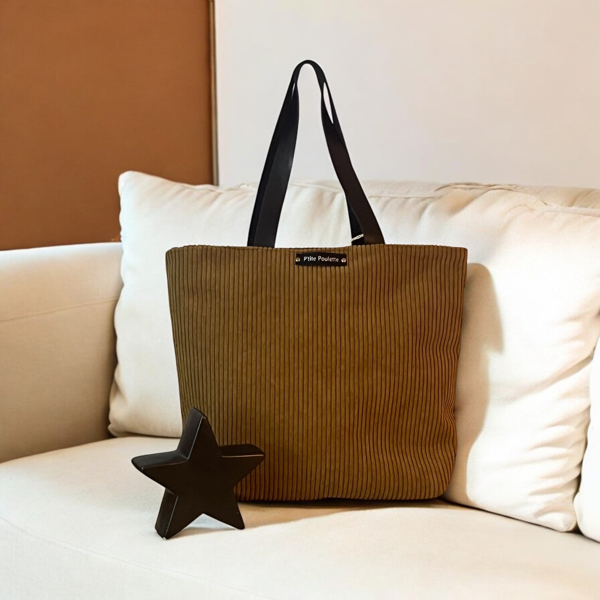 Sac cabas en velours côtelé et anses en cuir - Création artisanale française