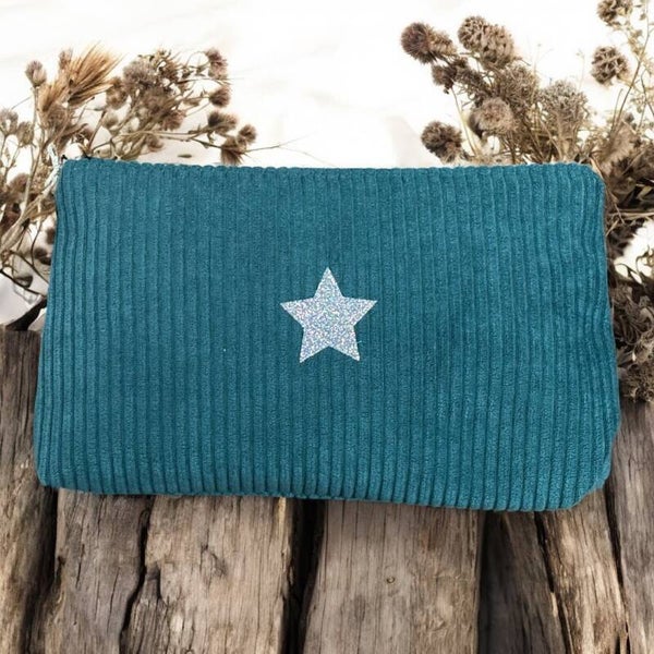 Trousse en velours côtelé bleu canard– Création Artisanale Française