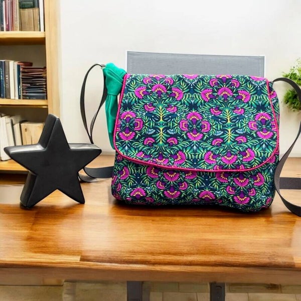 Sac besace en toile de coton motif tropical- Création artisanale française