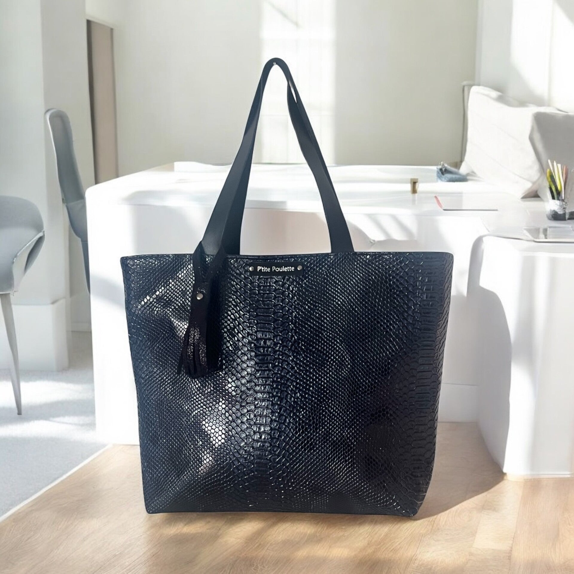 Sac Cabas en simili cuir façon croco  Navy: Création artisanale française