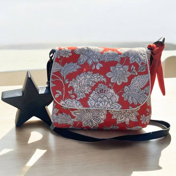 Sac besace en toile de coton terracota floral- Création artisanale française