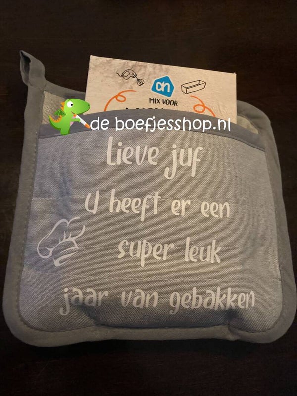 pannenlap met juffendag tekst kleur grijs