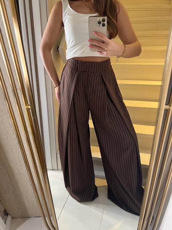 2634 Vera Bruine pantalon met plooien krijtstreep