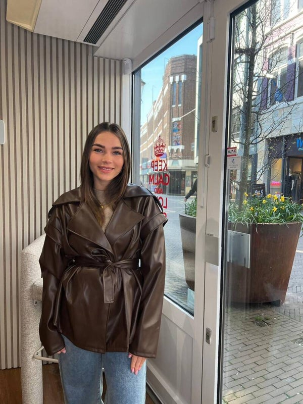 26127 Leren trenchcoat bruin