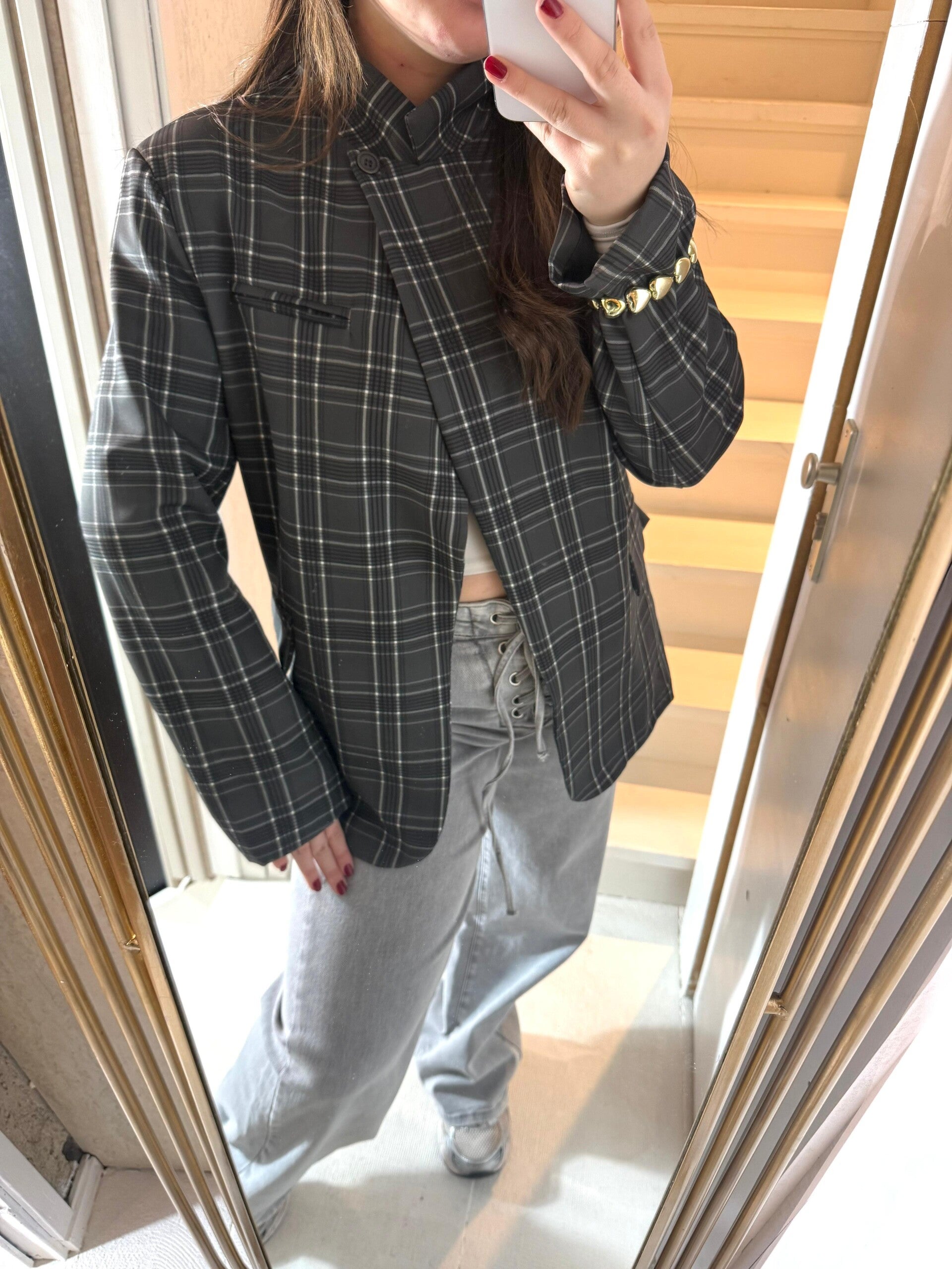 2638 Lara Blazer high neck overslag geruit Zwart/grijs