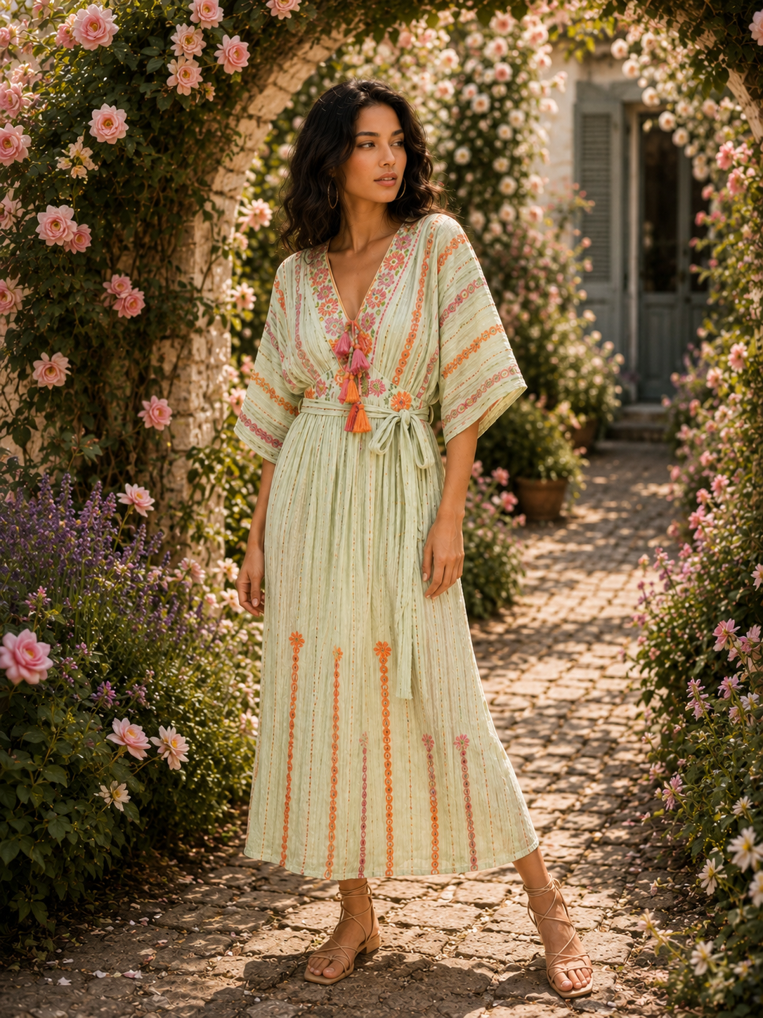 Golden Days maxi Jurk Saliegroen/koraaloranje one-size