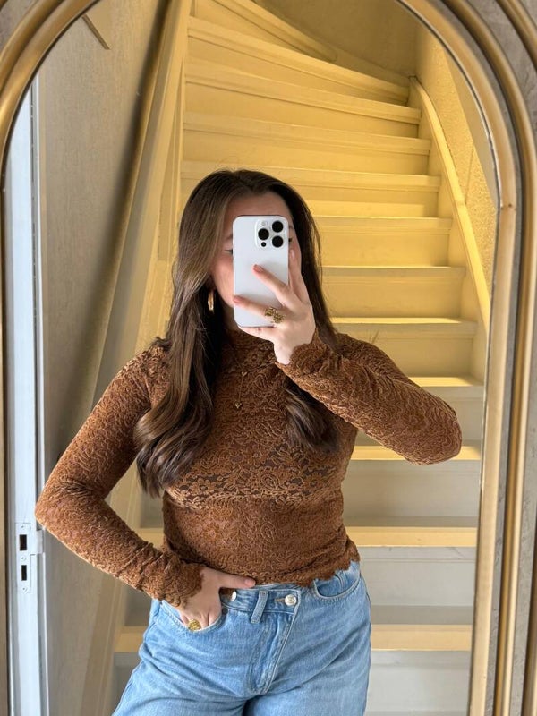 893 Fluweel kant top Camel