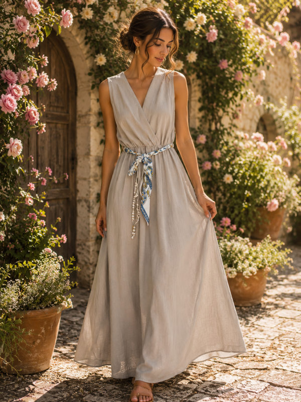 Lange maxi-jurk met sjaalriem - Grijs