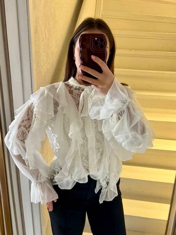 N699 Blouse met lace Wit