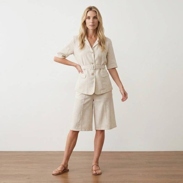 Linnen Tencel Blazer & bermuda set - Zand