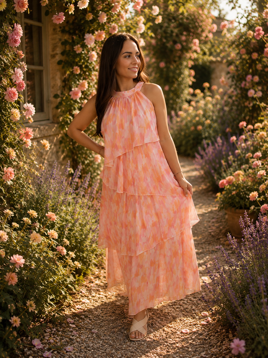 Elli white luchtige gelaagde maxi jurk pink/oranje