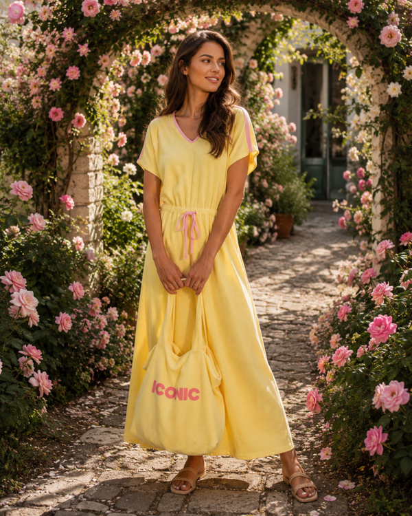 Iconic Badstof Maxi Rok - Geel met roze Details