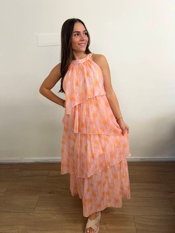 Elli white luchtige gelaagde maxi jurk pink/oranje