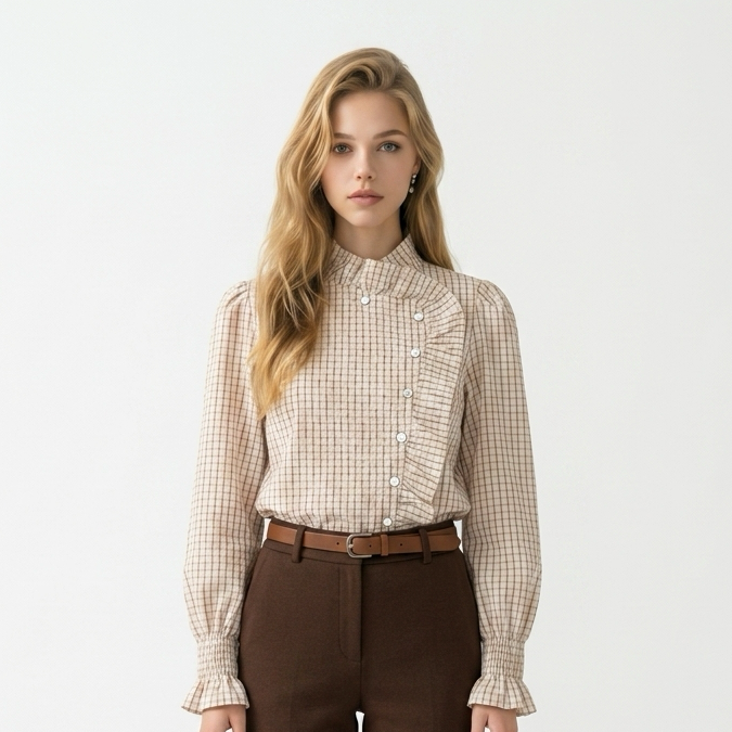 2605,5 Bibi Blouse geruit schuingeknoopt ruffle beige/bruin one-size