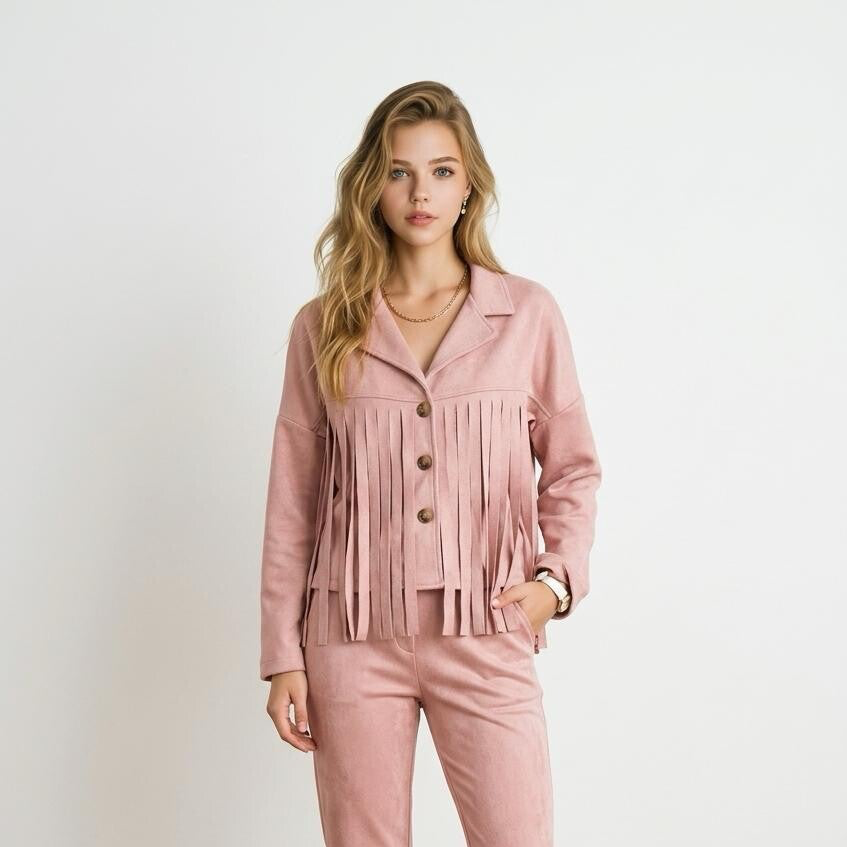 2663  Liva suède look jasje met franjes roze