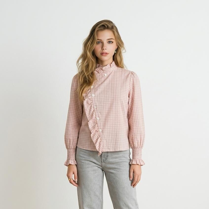 2605 Bibi Blouse geruit schuingeknoopt ruffle  roze/bruin one-size
