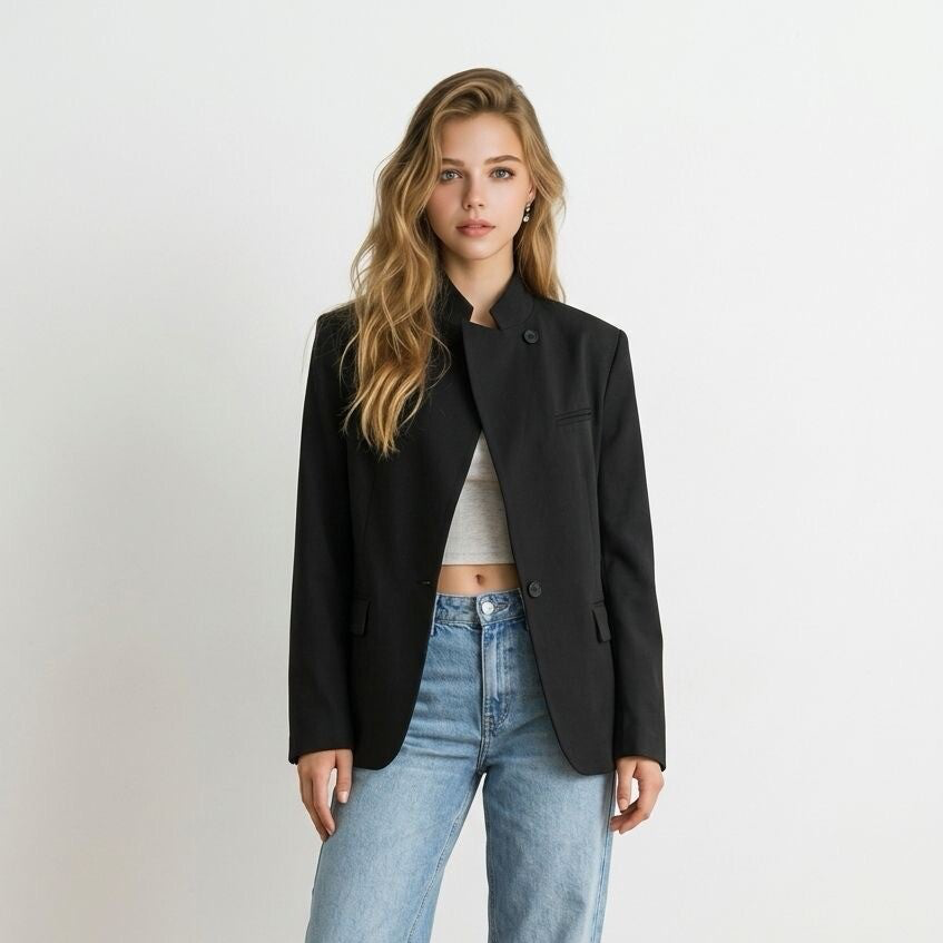 2643 Sara Blazer high neck overslag Zwart one-size