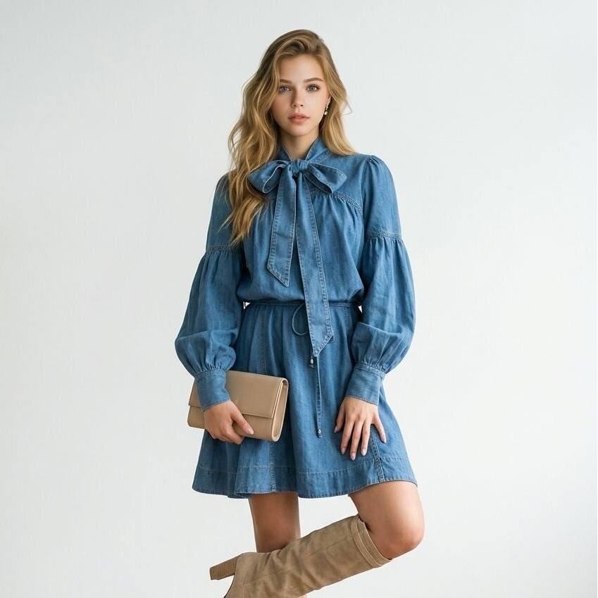 26174 Bo jeans jurkje strikband pofmouw
