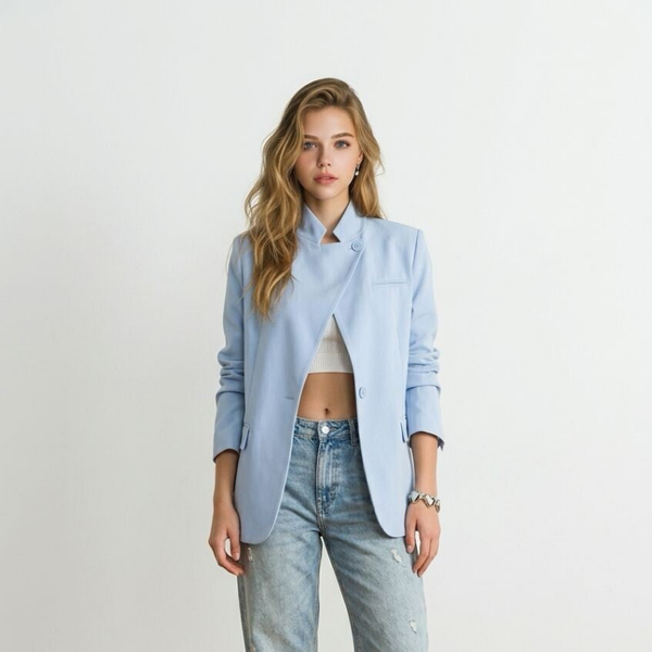 2641 Sara Blazer high neck overslag Blauw one-size