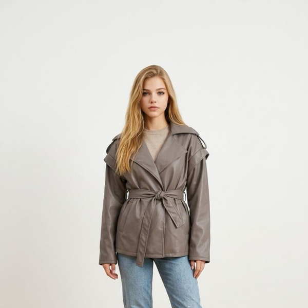 26128 Leren trenchcoat taupe