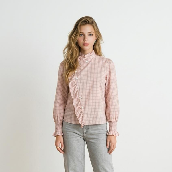 2605 Bibi Blouse geruit schuingeknoopt ruffle  roze/bruin one-size