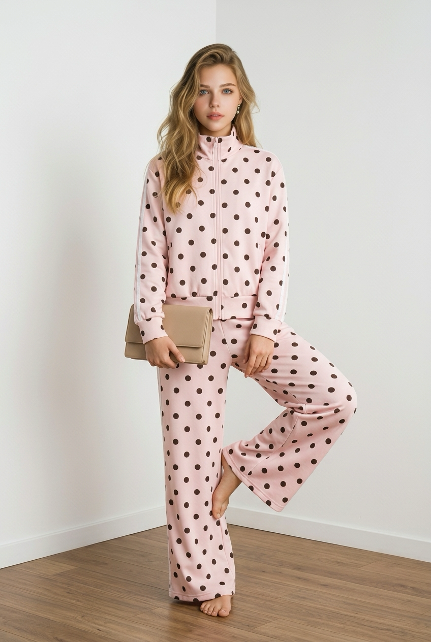 26153 polka dot tracksuit roze met zwart