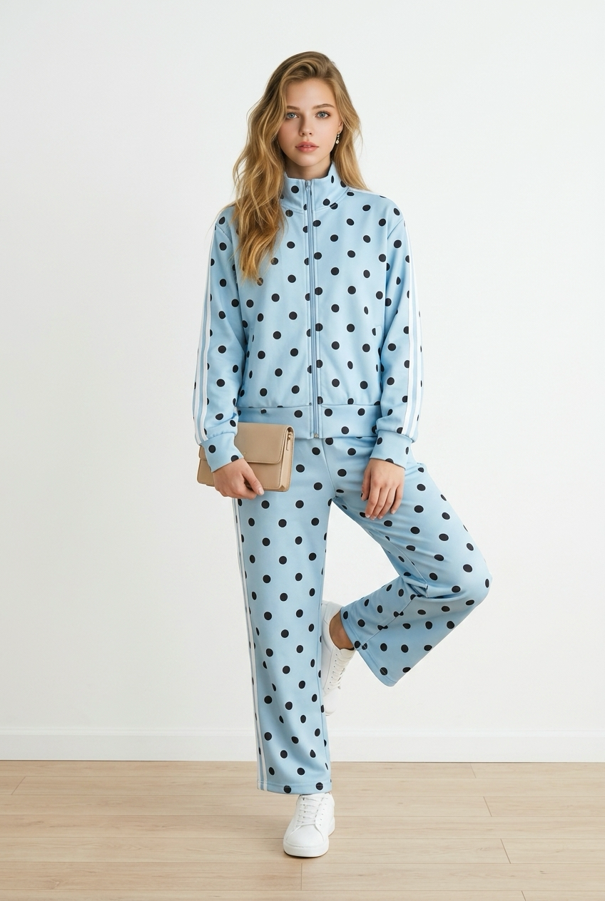 26151 polka dot tracksuit blauw met zwart