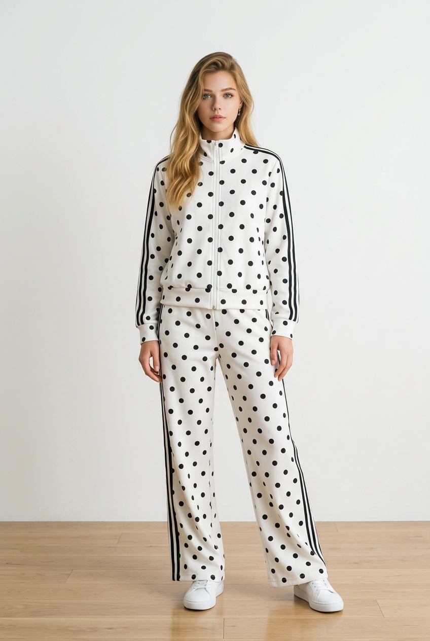 26222 polka dot tracksuit wit met zwart