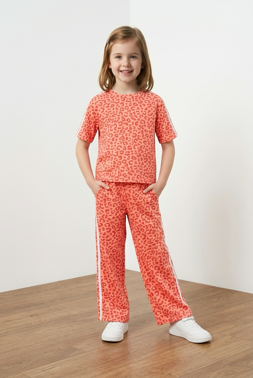 26101 Roos Twee-delig comfy set meisje panter donker roze