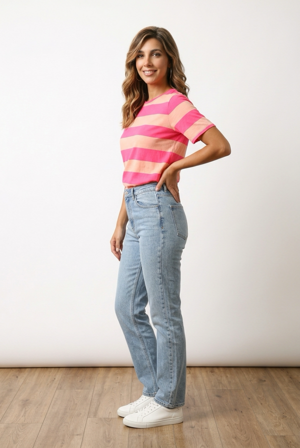 T-shirt gestreept roze - donkerroze