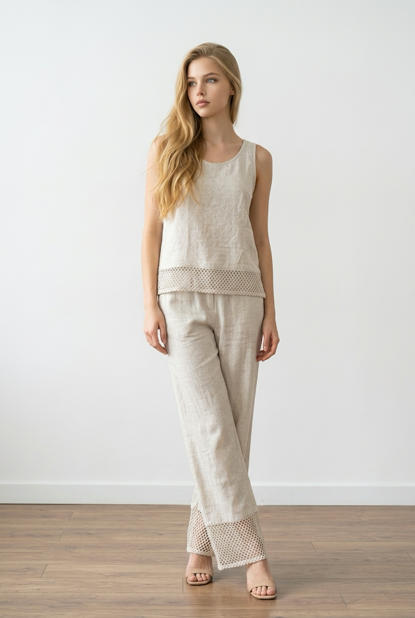 Mia Linnen set met gehaakte onderkant one-size Beige