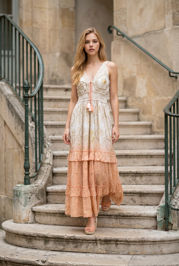 Handgemaakte bohemian maxi jurk – peach & goud