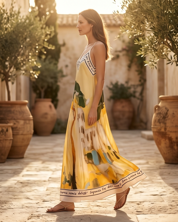 Maxi jurk Geel met artistieke print one-size