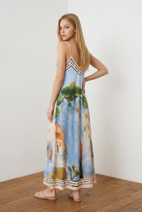 Maxi jurk Blauw met artistieke print one-size