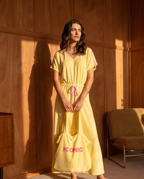 Iconic Badstof Maxi Rok - Geel met roze Details